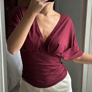 Chic Deep Red V-Neck Blouse